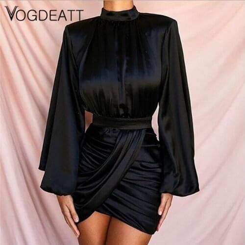 Short party dress puff sleeve single pleated mini dress black ladies fashion nightclub wear long sleeve women dress autumn 2020