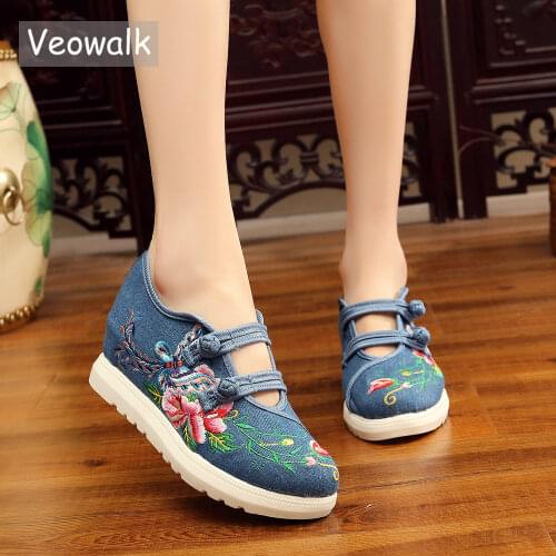 Veowalk Hidden Platform Women Casual Canvas Embroidered Sneakers Shoes Dual-Buckle Design Ladies Denim Jeans Thick Bottom Shoes