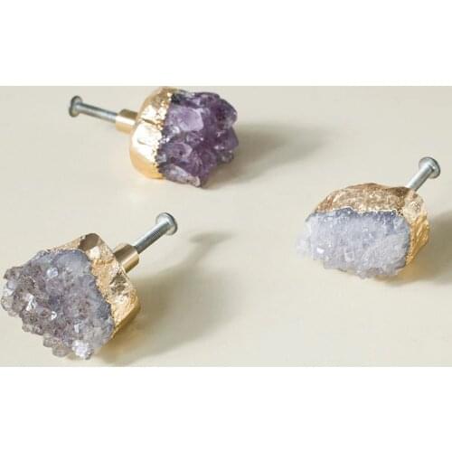 Natural purple Crystal + brass knob Dresser Drawer Knobs Pulls Handles / Cupboard Knobs Furniture Cabinet Handle Pull Hardware