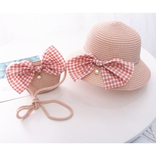 Summer Child princess cute cartoon straw hat with handbags Bags 2pcs a set Holiday kids girl baby bow plaid panama sun hat