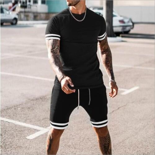 Summer Mens Casual Clothes Set Solid Color Short Sleeve T-shirt and Elastic Waist Shorts Male Sport Fitness Two Piece Outfits