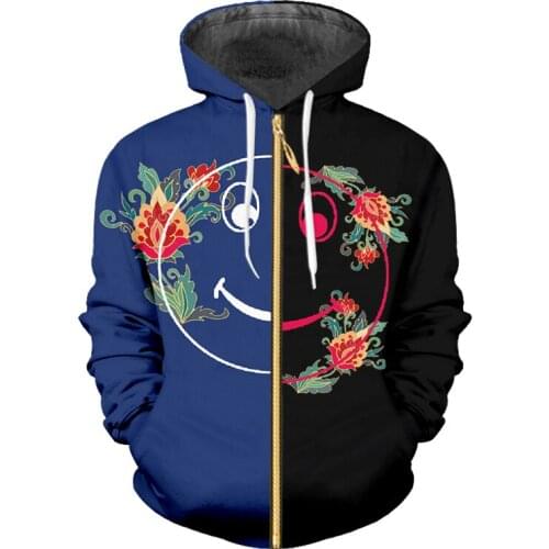 UJWI New Mens 3D Printed Funny Zip Hoodies Colored Flowers Pattern Bodybuilding Man Smiley Face Harajuku Blue Coat