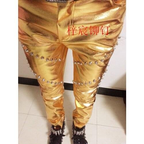 Free Shipping Men Plus Size Trousers Mens Fashion Tide New Rivet Gold Leather Pants Stage Male Singer Costumes Clothing