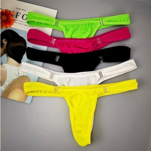 UNWE Unlockable Buckle Men Thong G String Translucent Nylon Sexy Lingerie Gay U Pouch Underwear M L XL