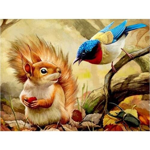 Diamond Painting Full Circle Diamond Kit Rhinestone Picture Art Craft Home Door Decoration (Squirrel and bird)