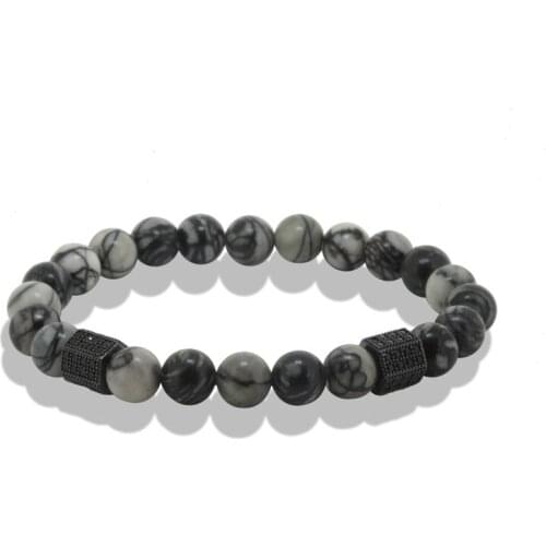 Natural 8mm spider web stone bracelet with pave black cz spacer charm bead men stone bracelets for pulseras mujer jewelry