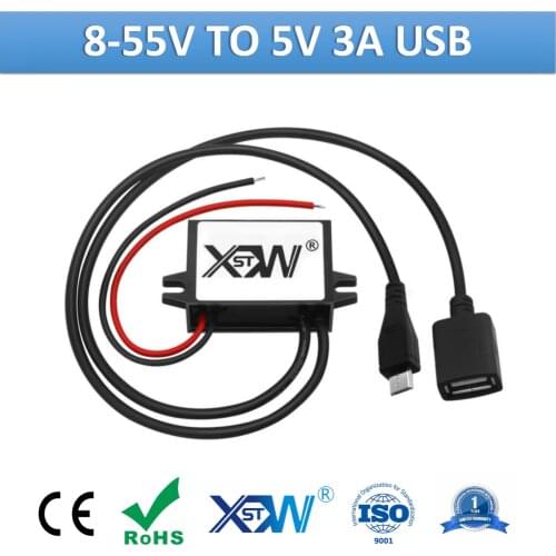 XWST DC DC 12V 24V 36V 48V to 5 Volt 3A 15W From 8-55V to 5V Output Step Down USB Converter With Car Charger Cigarette Lighter