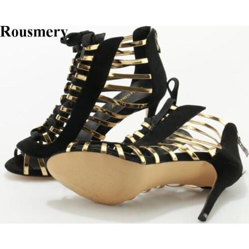 Rousmey New Fashion Women Open Toe Black Suede Leather Gladiator Sandals Cut-out Gold Straps High Heel Sandals Dress Shoes