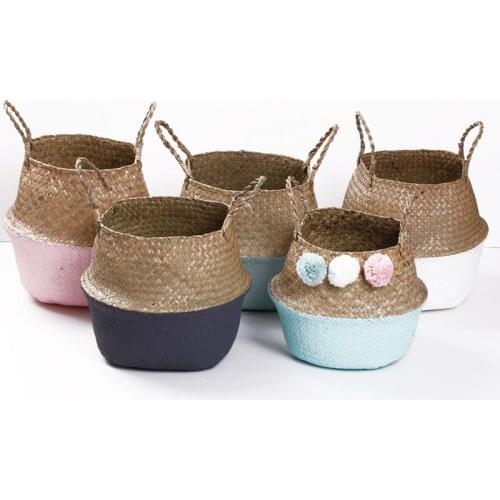 Handle Seagrass Laundry Basket Folding Handmade Straw Flowerpot Planter Wicker Clothes Toys Storage Holder Organizer