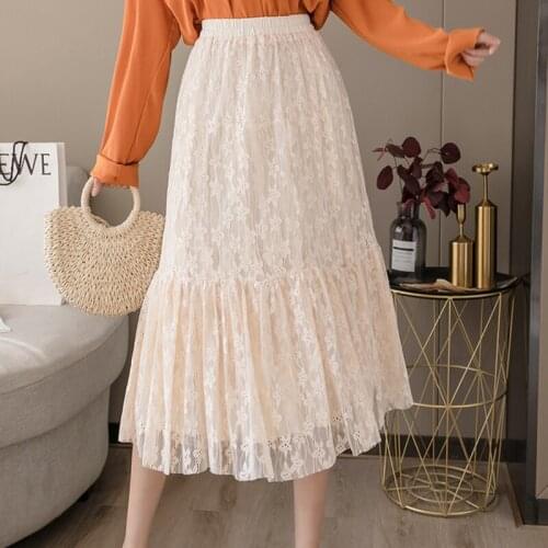 Lace Skirts Womens Fashion elegant Elastic High Waist Patchwork Ladies Skirt 2021Spring Both Sides Wear Wild Midi Skirts Female