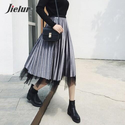 Jielur Women Skirt Autumn Winter Velvet Elastic Waist Slim Pleated Skirts Womens Chic Solid Color High Waist Skirt Saia Faldas