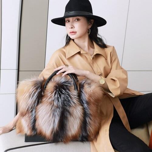 2020 New Women Silver Fox Fur Handbags Genuine Cowhide Hard Handle Big Handbag Full-pelt Red Fox Fur Large Shoulder Bag Fashion