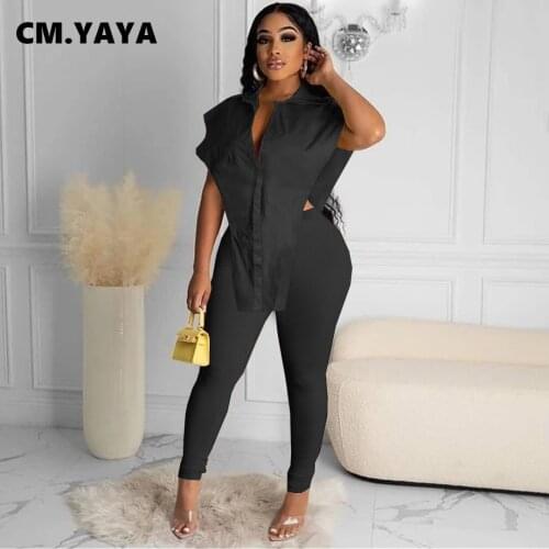 CM.YAYA Women Set Solid Sleeveless Single Breasted Hollow Out Shirts Tops Pencil Pants Two 2 Piece Sets Fashion Outfit Summer