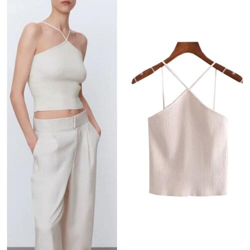Za Women 2021 Beige Knit Crop Corset Top Woman Hollow Out Sexy Top On Thin Straps Tank Tops Basic Backless Summer Tops For Girls