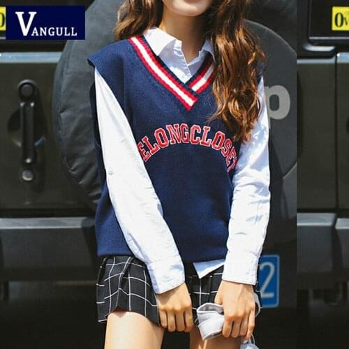 Vangull Letter Embroidery Women Sweater Vest Autumn Winter Pullovers V-Neck Loose College Style Fashion Knitted Sleeveless Vest