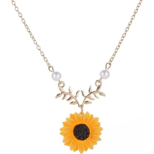 Women Necklace Yellow Gold Plated Sunflower Leaf Branch Charm Pendant Long Fashion Chunky Chain Jewelry Gift Collana Collier
