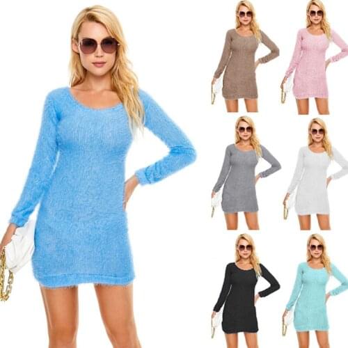 Winter Plush Warm Sweater Dress Women Long Sleeve O Neck Dresses Party Bodycon Mini Dress Bandage Knitted Vestidos Female