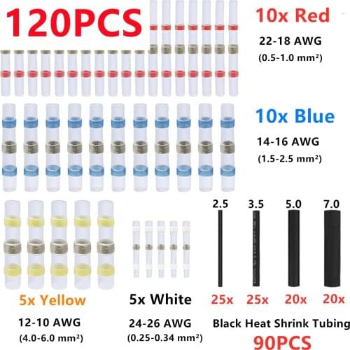 120PCS Insulated Waterproof Solder Seal Sleeve Electrical Wire Butt Connectors Terminals Heat Shrink Sleeving Tube Fast Splices