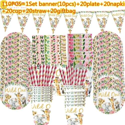 20 people use Wild One girl Birthday Jungle Animal Set Tableware giftbag banner cup Party Kids Forest Safari Theme Party Deco