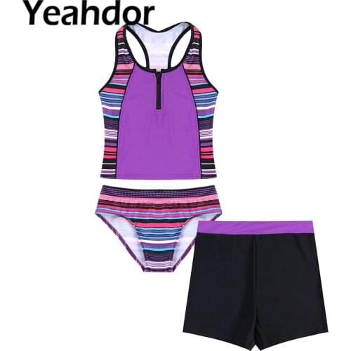 3PCS Kids Girls Swimwear Beachwear Bathing Suit Tankini Set Scoop Neck Zipper Tank Top Shorts Stripped Bikini Bottom Swimsuit