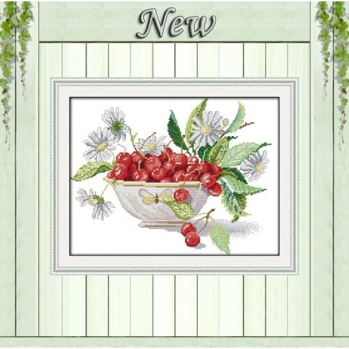 Delicious Cherry fruit bowl Painting Decor Counted Print on fabric DMC 14CT 11CT DIY Cross Stitch Needlework Kit Embroidery Sets