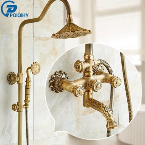 European Shower Set Retro Carved Hot and Cold Shower Faucet Rain Shower Mixing Brass Rotatable Lift Pipe Wall Shower System