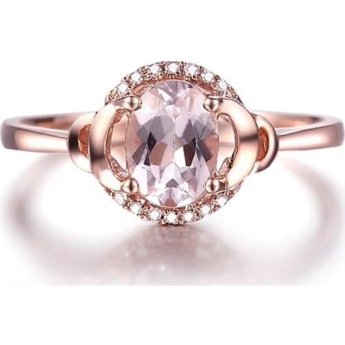 HELON Solid 10K Rose Gold Flawless Oval 7x5mm Genuine Morganite Diamonds Women Fine Jewelry Engagement Wedding Gemstone Ring