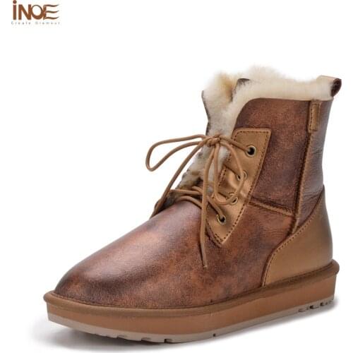 INOE Real Sheepskin Leather Wool Natural Fur Lined Short Ankle Winter Boots for Women Snow Boots Casual Warm Waterproof Bronze