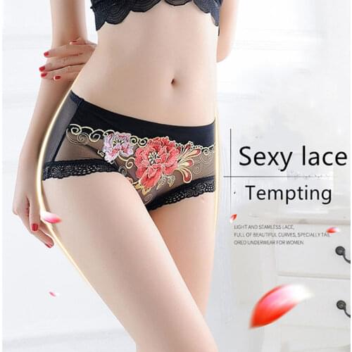 Plus Size Lace Embroidered Panties Ladies Sexy Mid-waist Seamless Mesh Transparent Briefs Cotton Crotch Thong Adult Sex Clothing