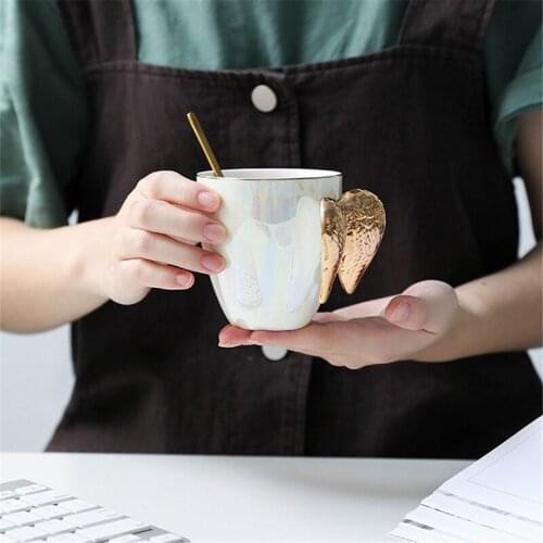 New Gold Plated Handle Angel Wings Coffee Mug Creative White Ceramic Office Home Tea Milk Porcelain Mugs Couple Gift Home Decor