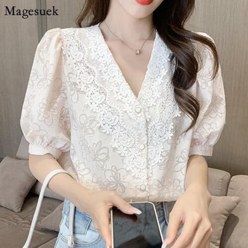 Summer V Neck Lace Chiffon Shirt Ladies 2021 Printed Short Sleeve Jacquard Lace Hollow Blouse New Casual Loose Womens Tops 15265