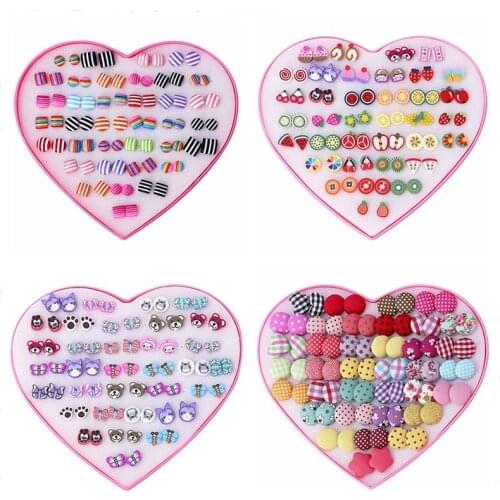 Korean Cute Heart Acrylic Flower Fruit Animal Stud Earrings Set Women Girl Party Valentines Day Jewelry Gift Box 36 Pairs