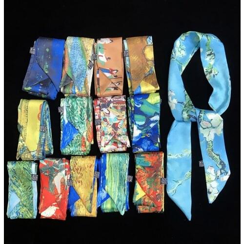 Fashion Luxury Brand Skinny Twill Silk Women Bag Scarf Van Gogh Oil Painting Starry Sky Small Ribbon Head Hair Handle Scarf