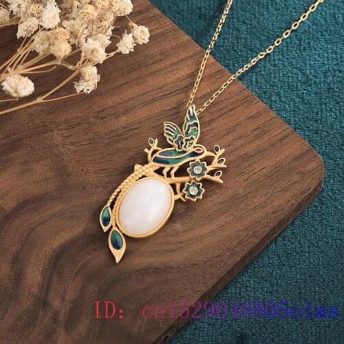 Jade Bird Pendant Women Fashion Chinese Necklace Natural Zircon Crystal Chalcedony Gifts Gemstone 925 Silver Amulet Jewelry