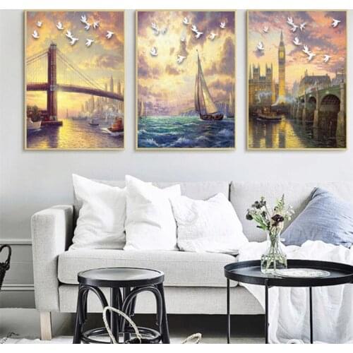 Retro City posters, sailboat and bell tower oil paintings, printed canvas prints, murals, wall decoration, home decoration