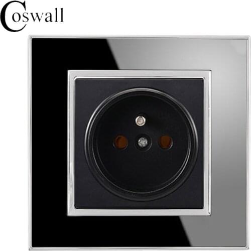 Coswall 16A French Standard Socket Luxury Wall Power Outlet Acrylic Crystal Panel Electrical Plug Black A1 Series AC 110~250V