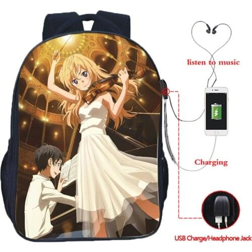 Anime Your Lie in April Shigatsu Wa Kimi No Uso USB Charge backpack USB Charging School Bag Beautiful Boys Girls Laptop Backpack