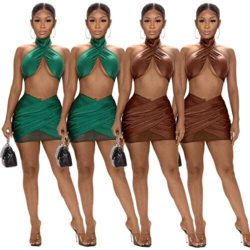 Sexy Women Skirt Set Hater Bandage Top + Mini Dress Sheer Mesh Skinny Party Night Clubwear Outfit For Women