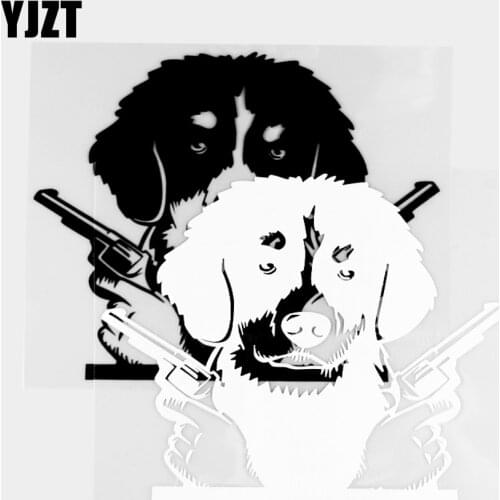 YJZT 14.4×16.4CM Vinyl Decal Funny Bernie Hills Dog With Gun Art Car Sticker Rear Window Decoration Black / Silver 20C-0424