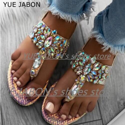 2020 woman sandals women Rhinestones Flat Sandals Thong Crystal Flip Flops sandals gladiator sandals Beach Casual Ladies Shoes