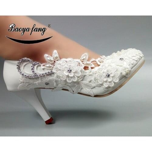 BaoYaFang Round toe Big Flower womens wedding shoes Bridals party dress shoe for woman high shoes Ladies Thin heels Pumps