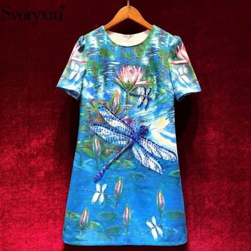 Svoryxiu Runway Designer Summer Vintage Party Loose Short Dress Womens luxury Crystal Beaded Hand Painted Print Dresses