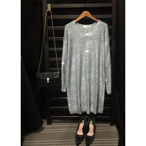 Cakucool Sequins Knit Dress Women Long Sleeve Autumn Vestidos Embellish Casual Straight V-neck Beading Short Knit Pull Dresses