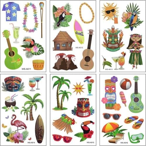 10pcs Hawaiian Beach Party Waterproof Tattoo Stickers Flamingo Temporary Fake Tattoos Summer Tropical Theme Birthday Party Decor