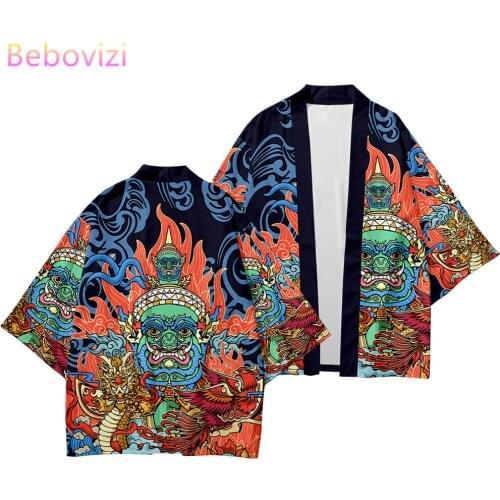 2pcs Suit Plus Size XS-6XL Loose Idol Print Japanese Samurai Harajuku Kimono Cardigan Women Men Cosplay Yukata Tops Pants Set