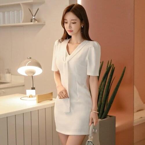 2020 Summer White Short Sleeve V Neck Classy Mini Dress Office Lady Elegant Sexy Party Dresses Business Bodycon Women Dress