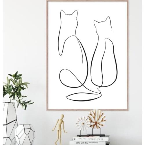 Two Cats Single Line Drawing Canvas Painting Poster Print Black and White Abstract Minimal Wall Art Pictures Modern Home Decor