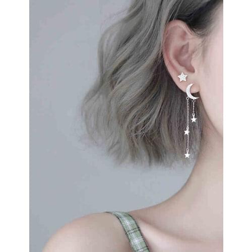 Asymmetrical Star Moon Long Tassel Cubic Zirconia 925 Sterling Silver Drop Earrings For Women Dainty Trendy Jewelry Bling Gift