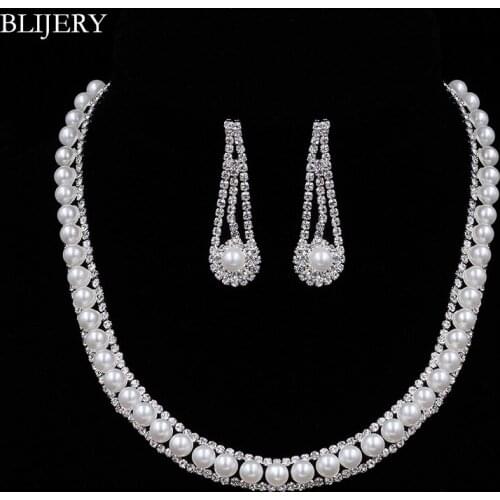 BLIJERY Fashion Simulated Pearl Crystal Bridal Wedding Jewelry Sets Choker Necklace Earrings Set for Women Nigerian Jewelry Sets