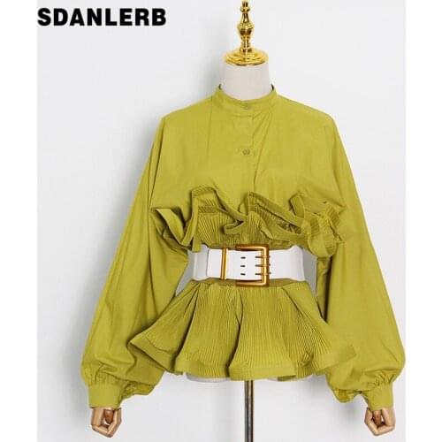 Spring Summer Elegance Retro Shirt Round Neck Long Sleeve Three-Dimensional Pleated Ruffled Top for Women Blouse with Belt